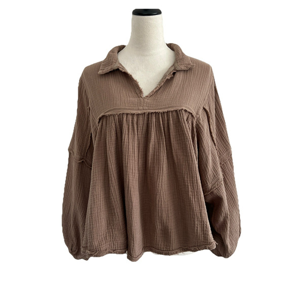 Ces Femme Blouse Top Womens Small Brown 100% Cotton Gauzy Relaxed Lagenlook Boho - Picture 1 of 9